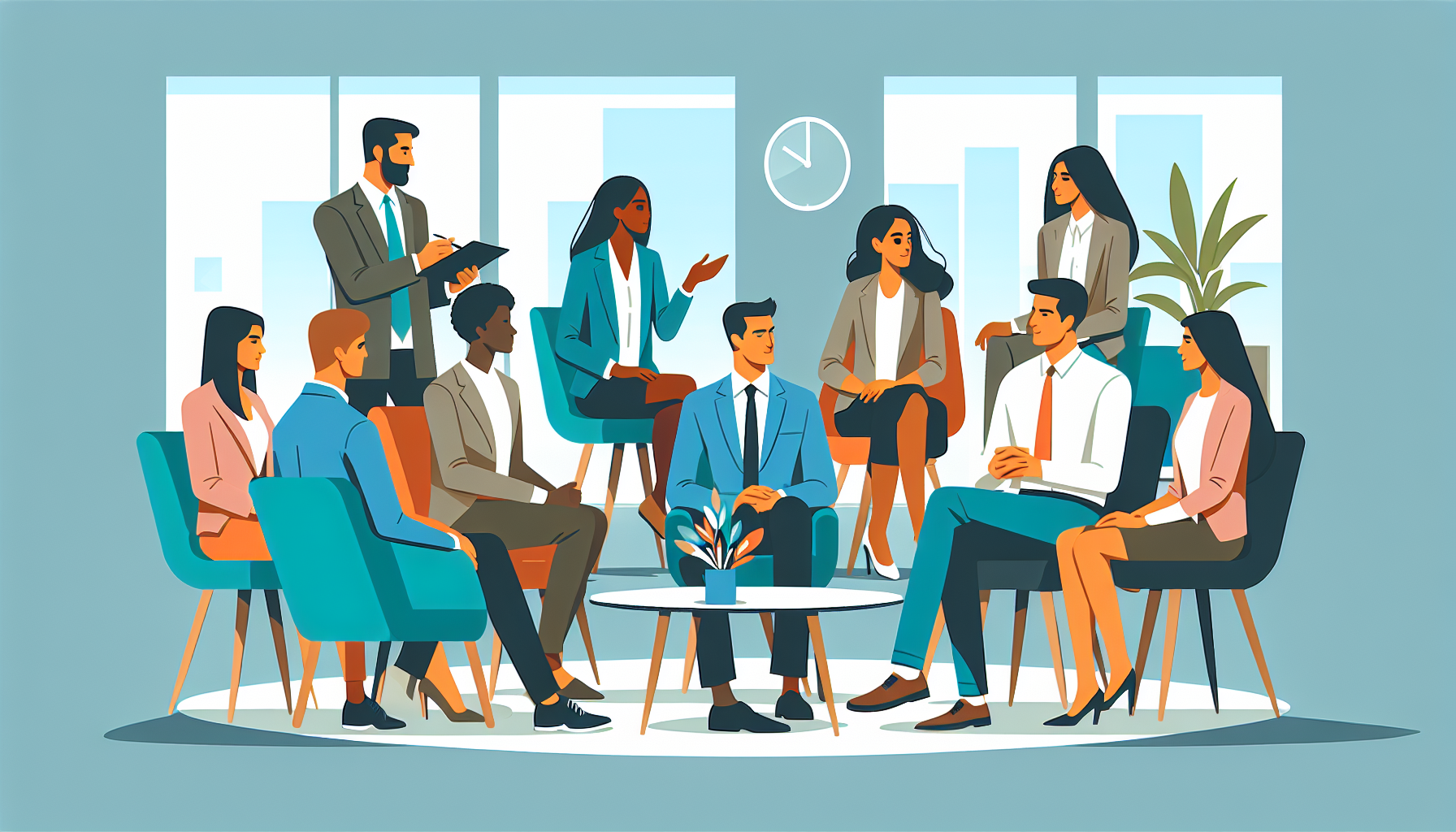 Group of UK professionals in discussion about jobs