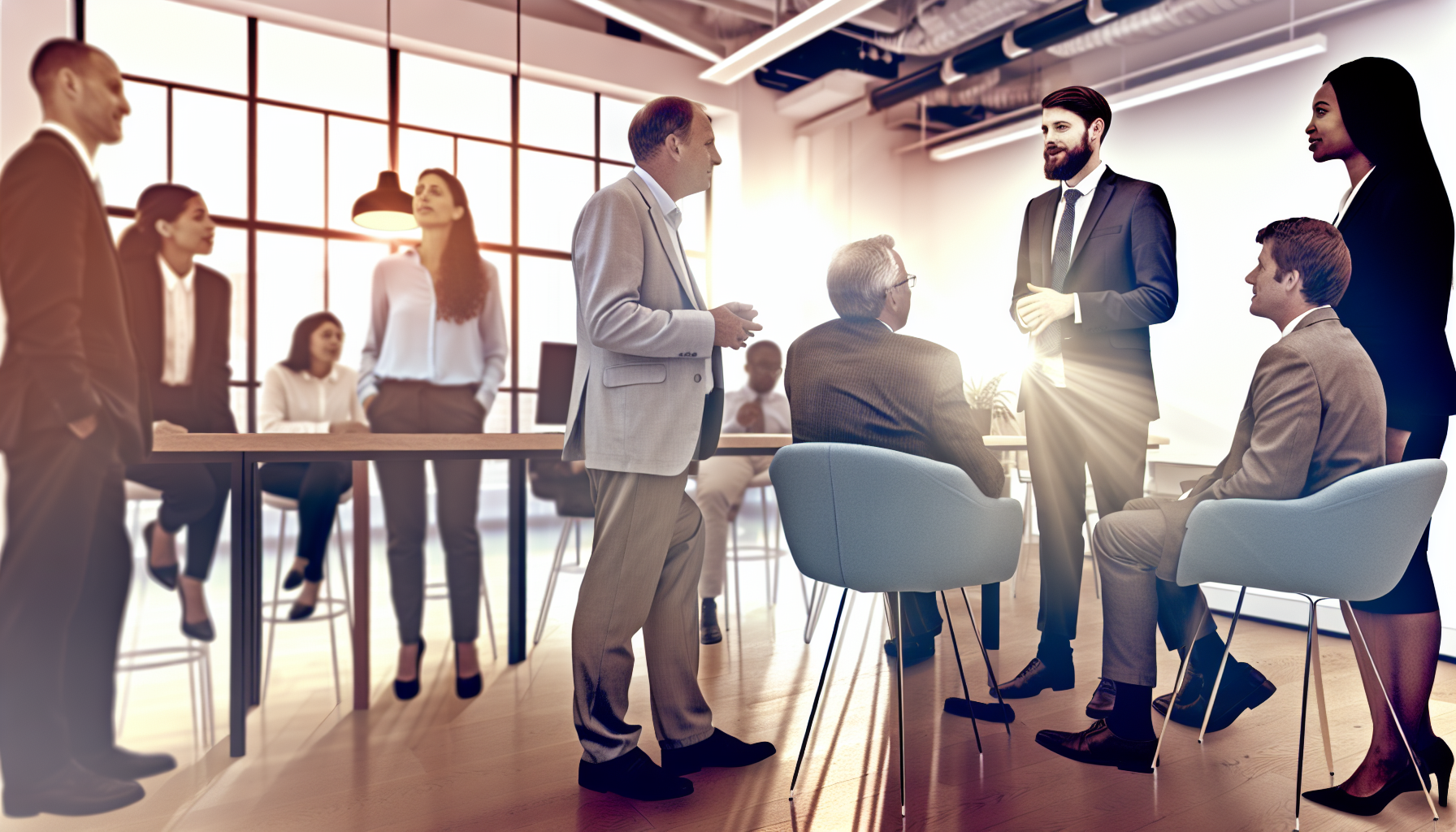 British professionals working in an open-plan office