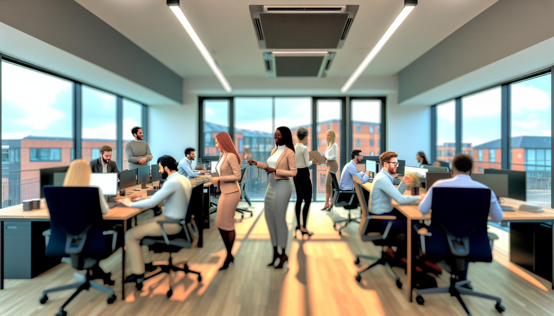 British professionals discussing flexible work in an open-plan office