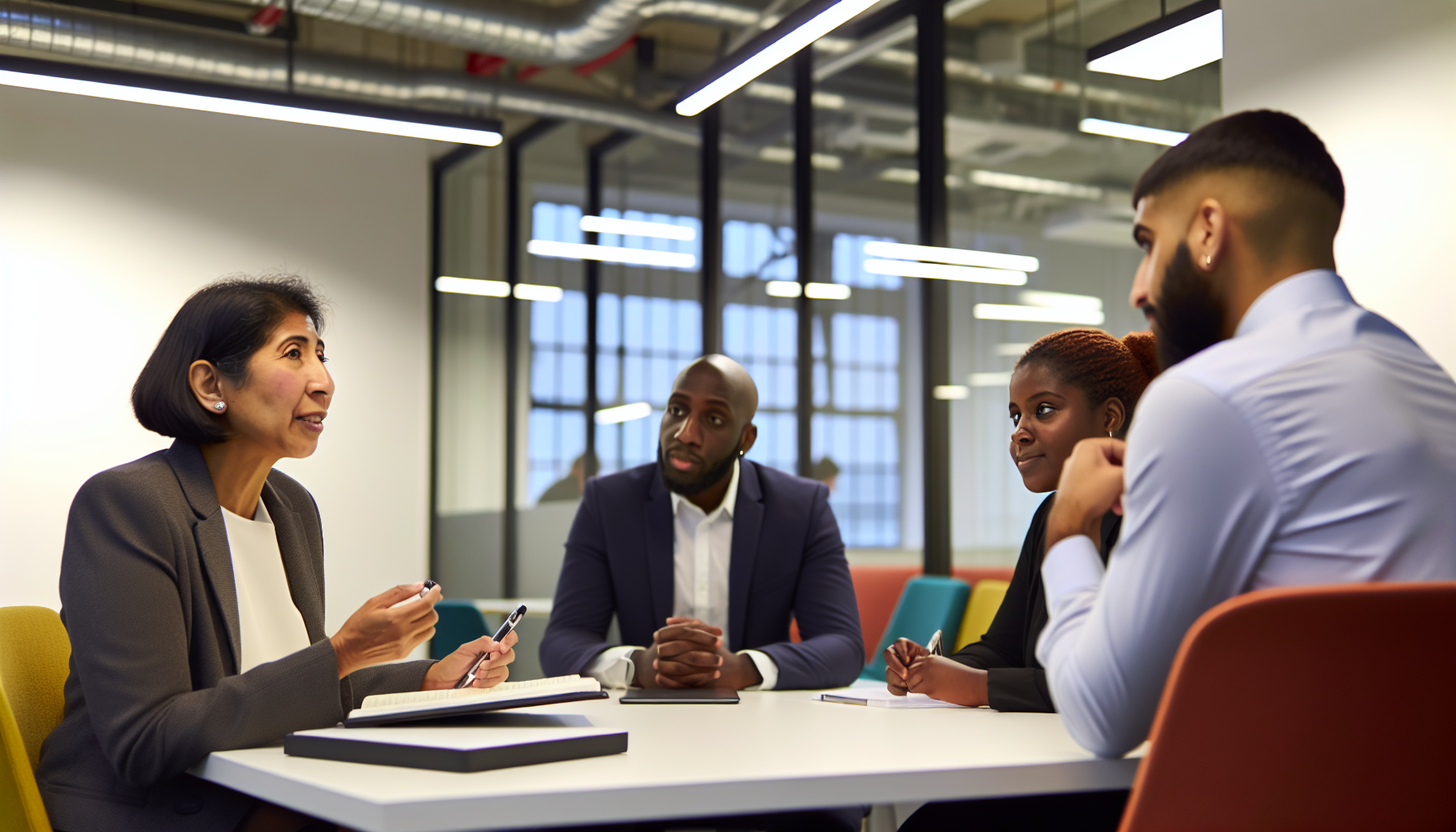 Diverse team in a UK office meeting about flexible work