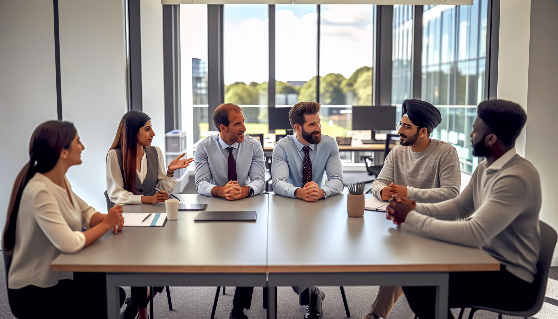 UK team collaboratively discussing flexible work arrangements