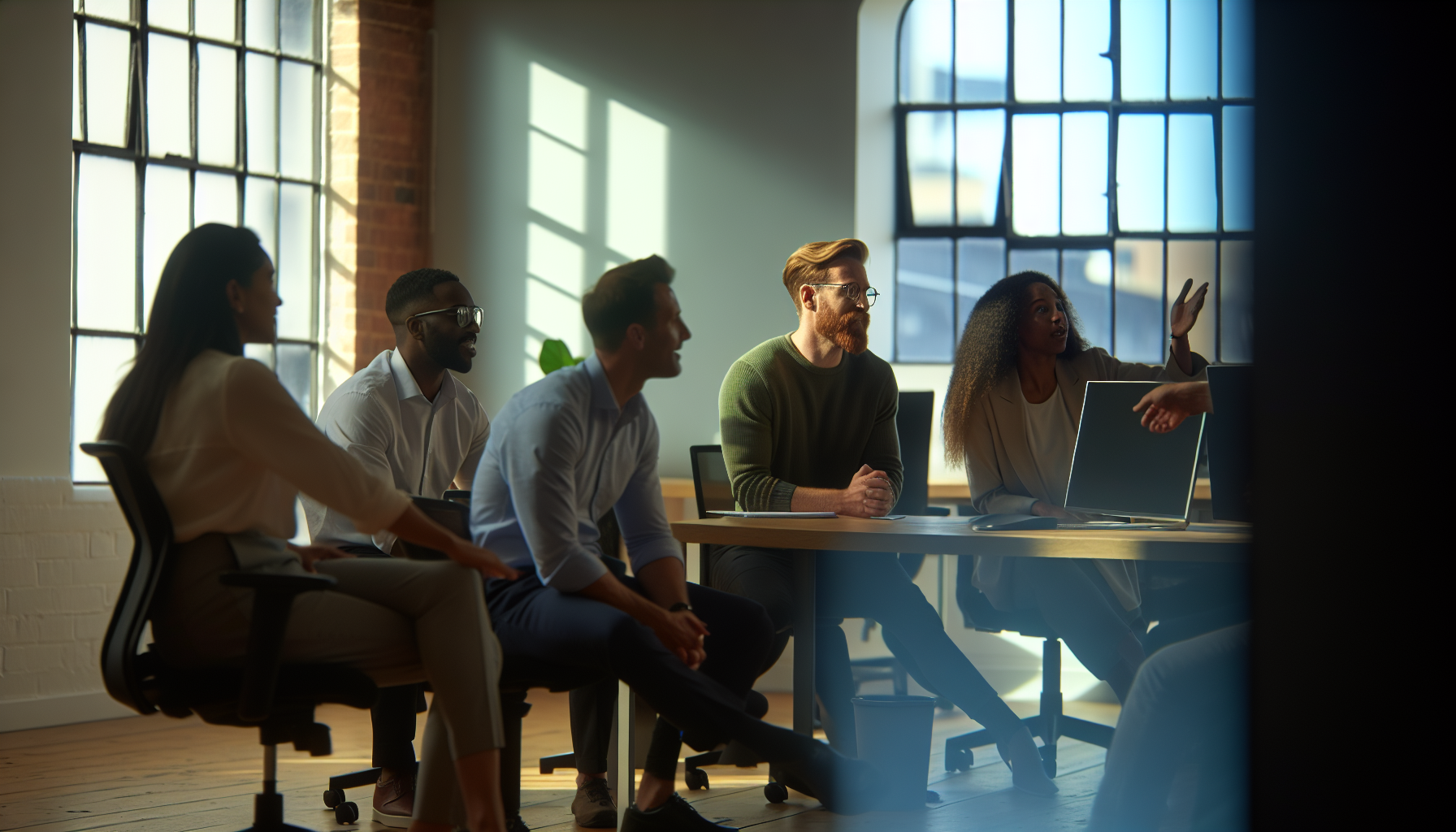 UK professionals in a team meeting in a modern office