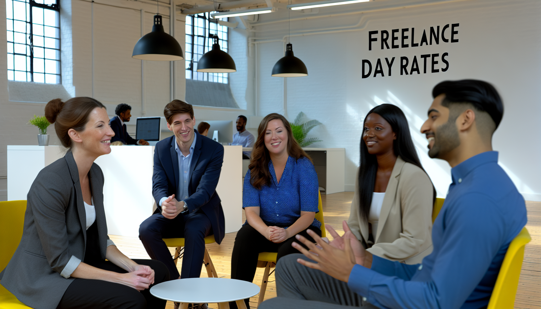 Diverse UK team in a collaborative office discussion