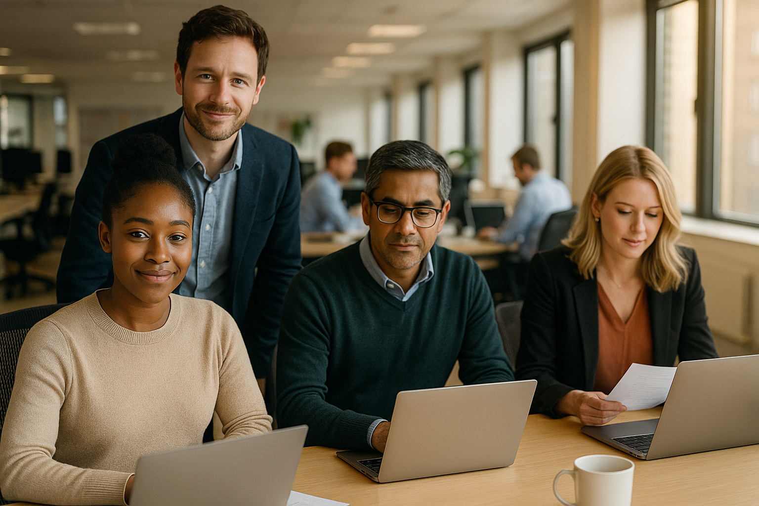 British professionals in a modern office discussing Volunteering for experience UK