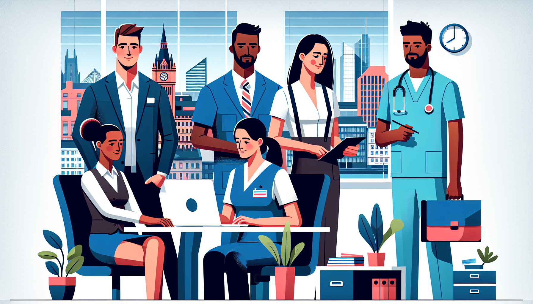 Diverse UK professionals in a modern office setting