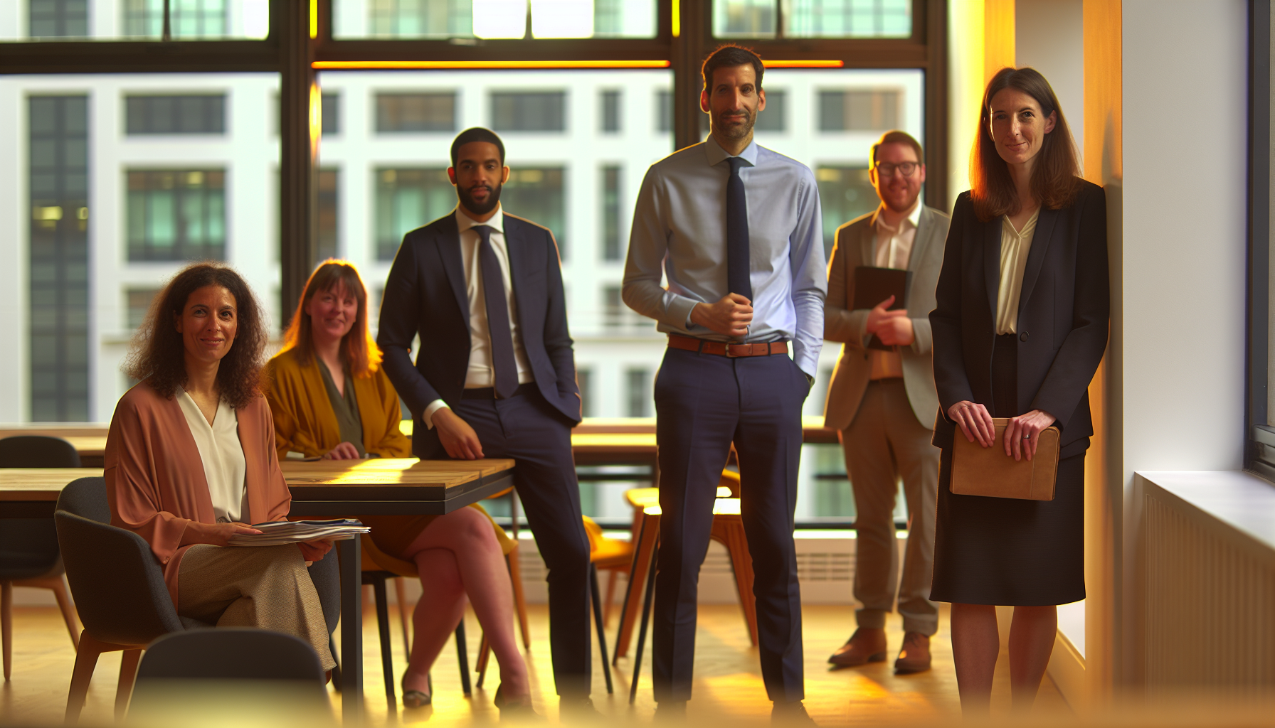 Diverse UK professionals collaborating in a modern office environment.