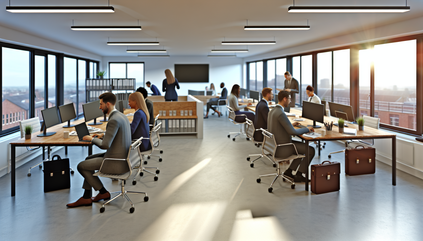 Diverse professionals in a modern UK office discussing interview strategies