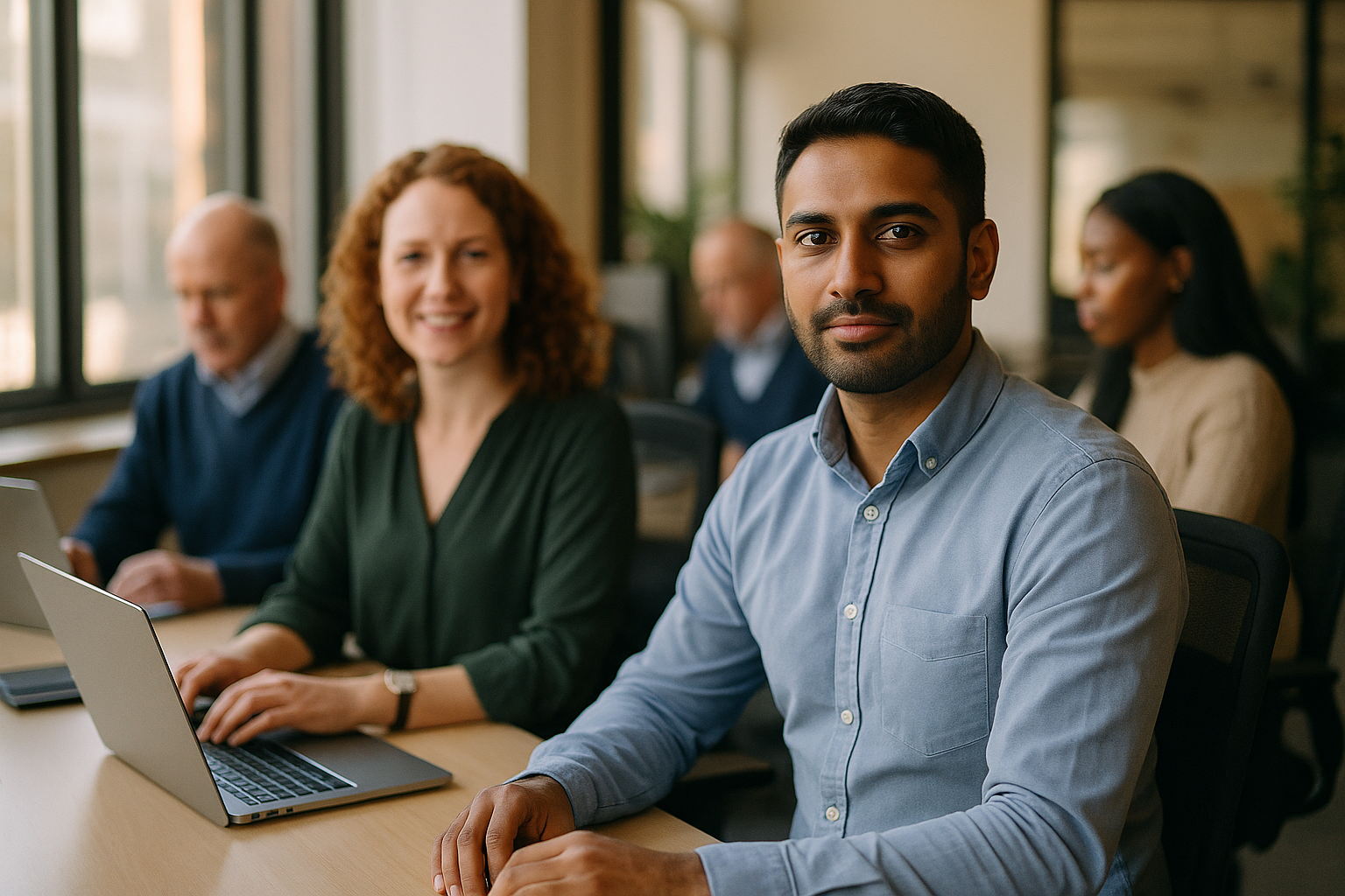 British professionals in a modern office discussing Pharmaceutical UK