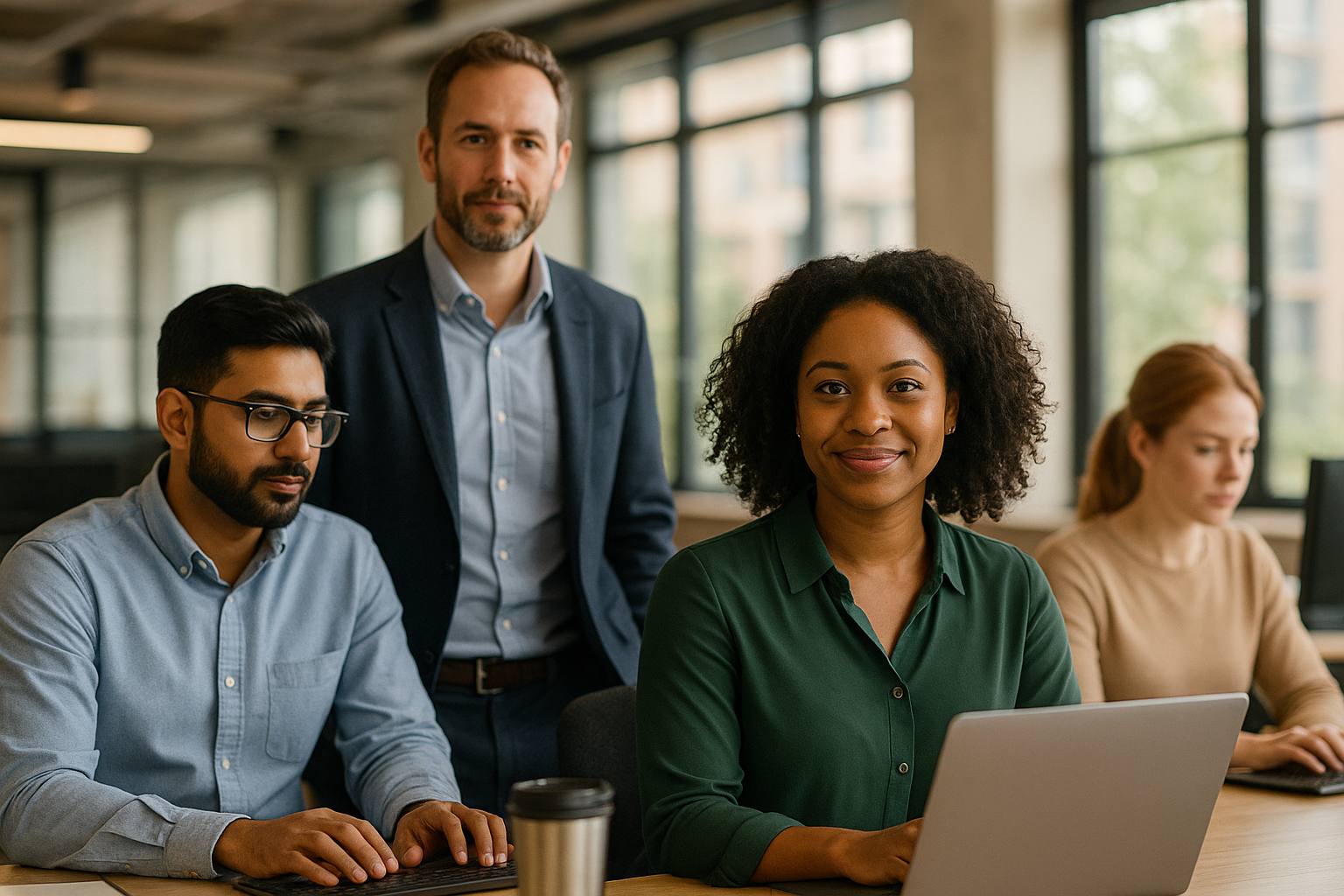 British professionals in a modern office discussing diagnostics UK
