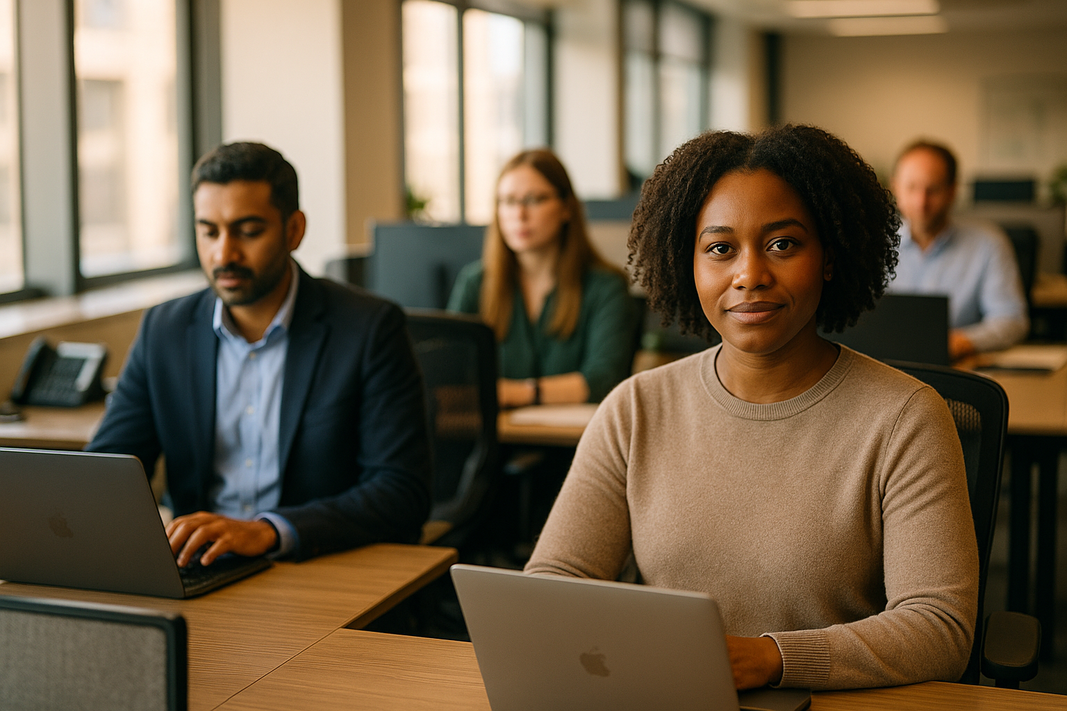 British professionals in a modern office discussing Civil service SEO role