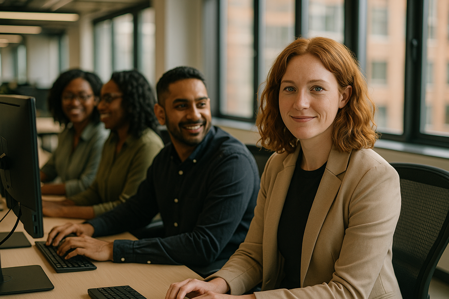British professionals in a modern office discussing Moving from Canada to UK