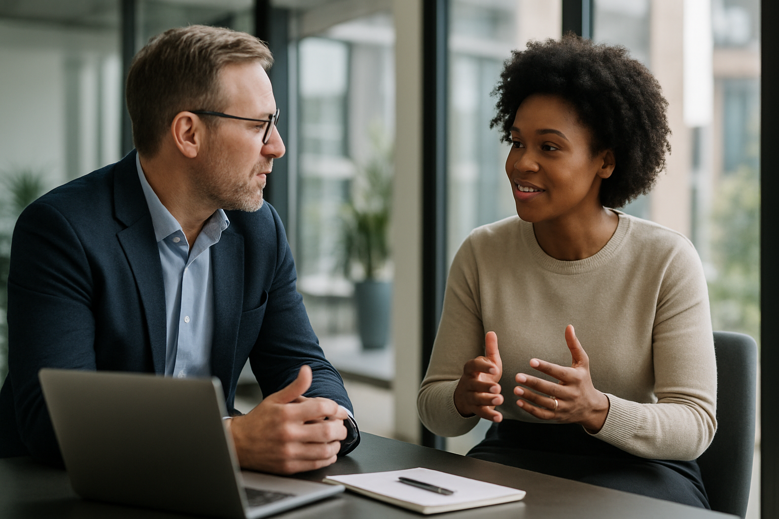 Two UK professionals discussing career next steps for Moving from Canada to UK