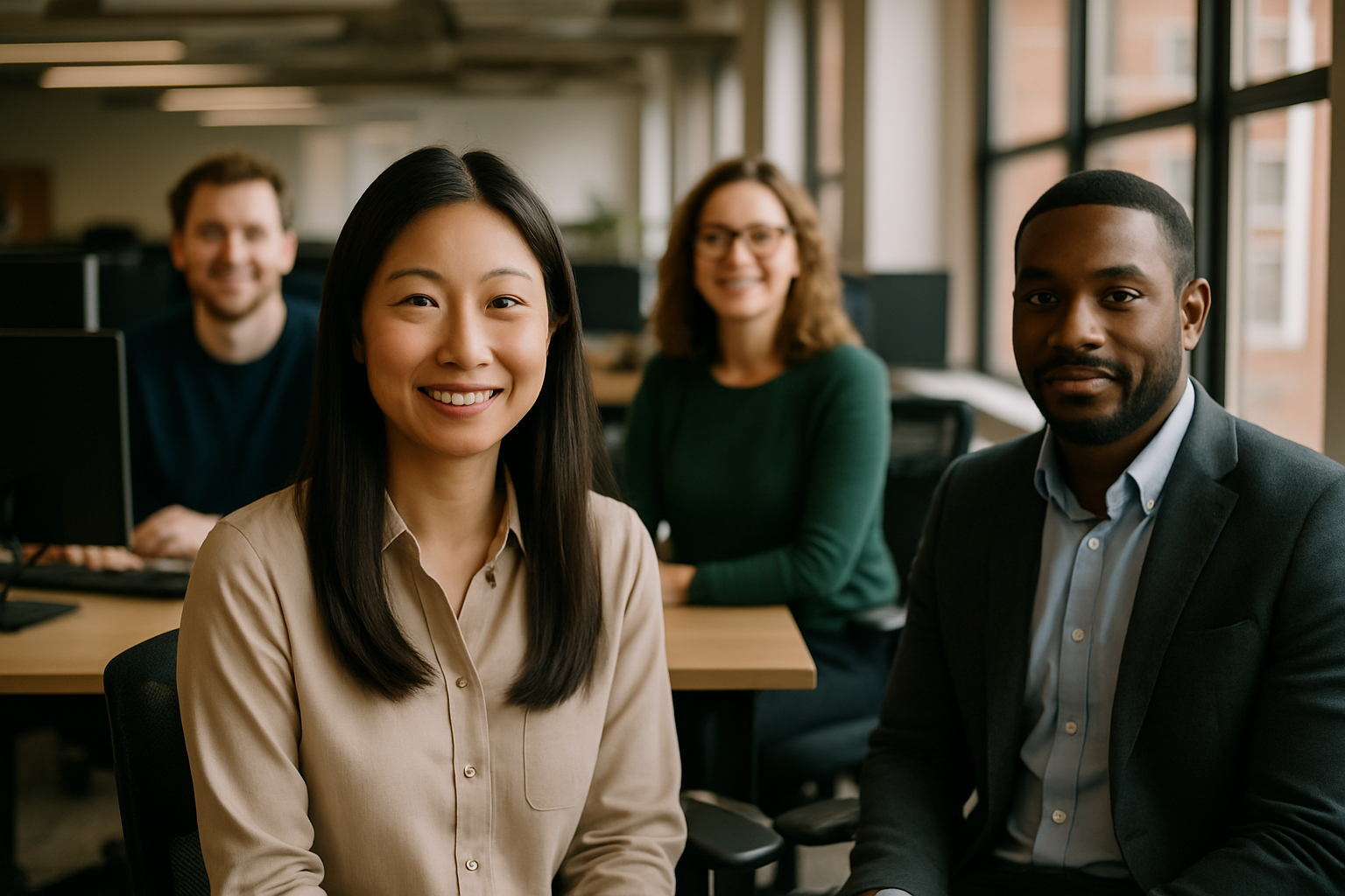 British professionals in a modern office discussing Moving from Hong Kong to UK
