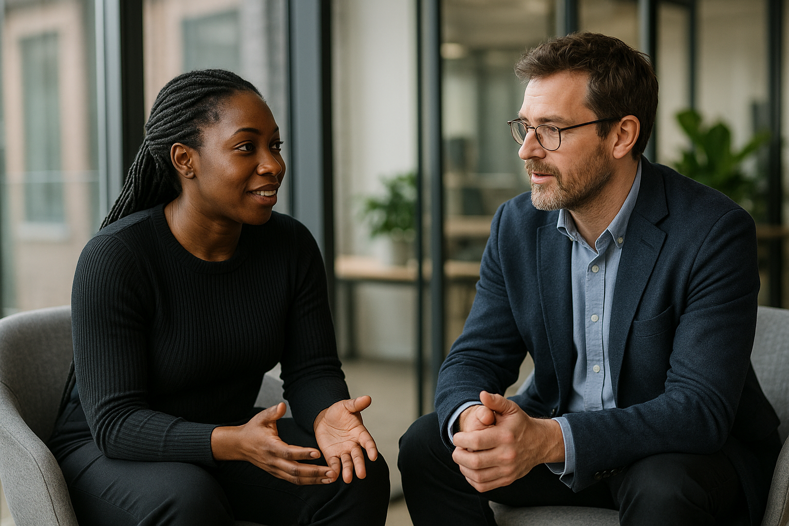 Two UK professionals discussing career next steps for Moving from Hong Kong to UK