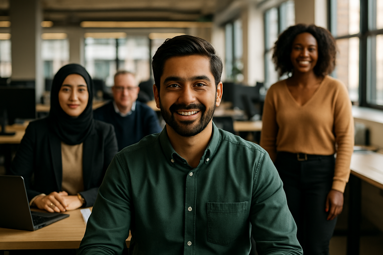 British professionals in a modern office discussing Moving from Pakistan to UK