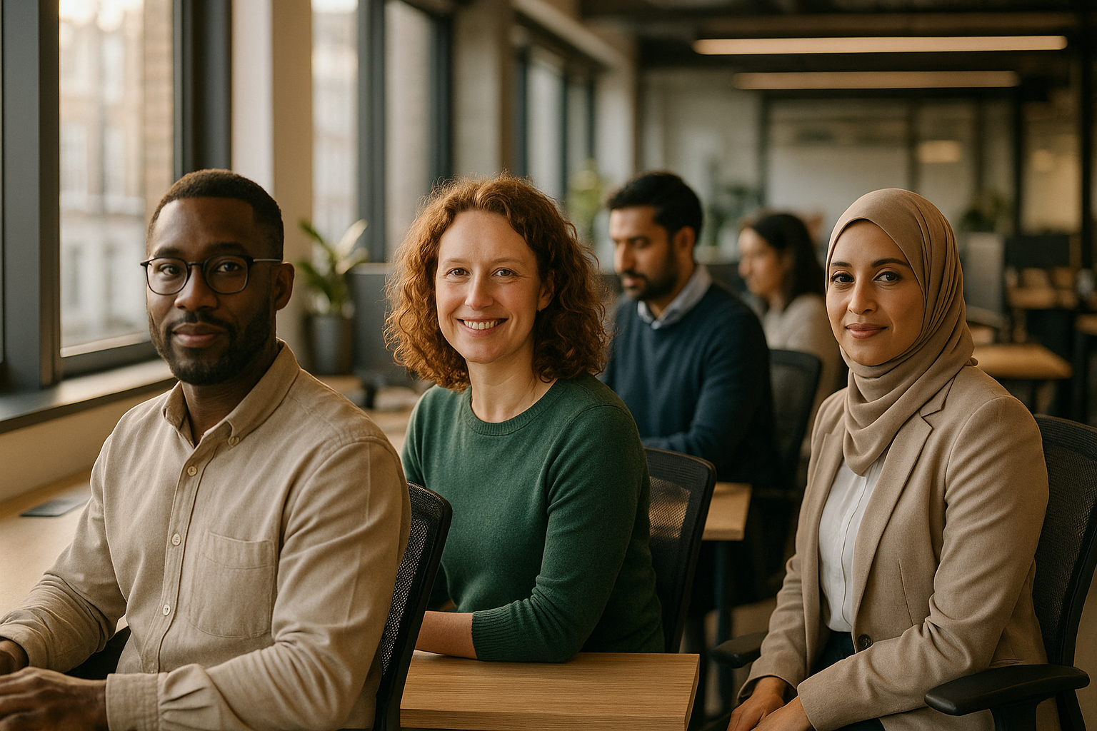 British professionals in a modern office discussing reasonable adjustments UK