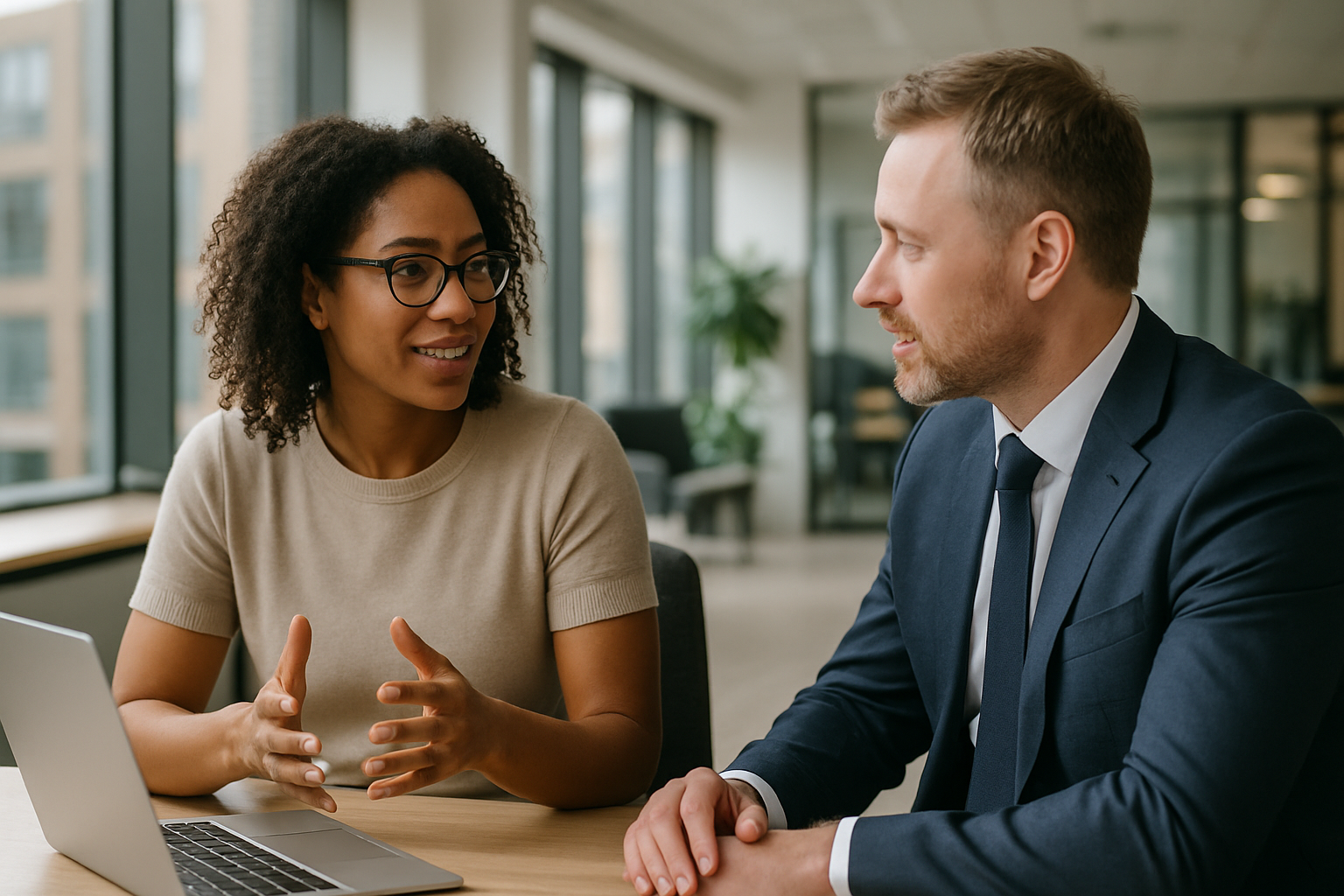 Two UK professionals discussing career next steps for reasonable adjustments UK