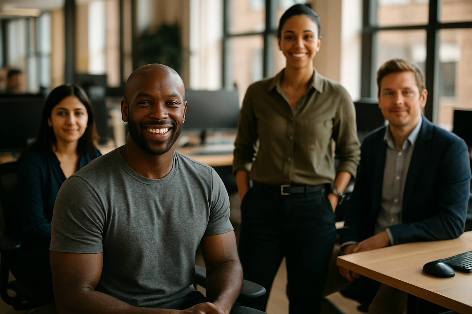 British professionals in a modern office discussing Strength and conditioning UK