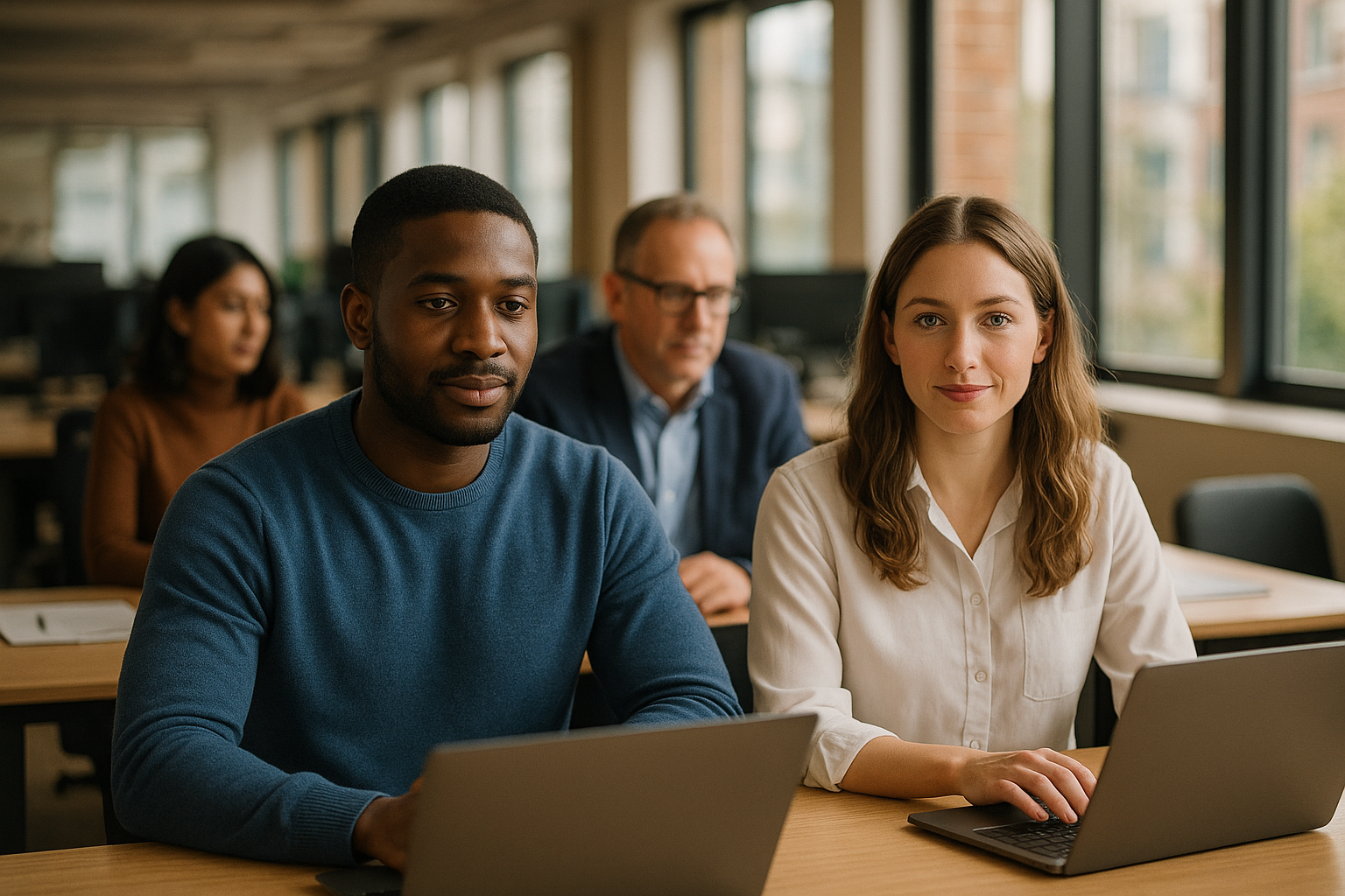 British professionals in a modern office discussing bootcamp UK