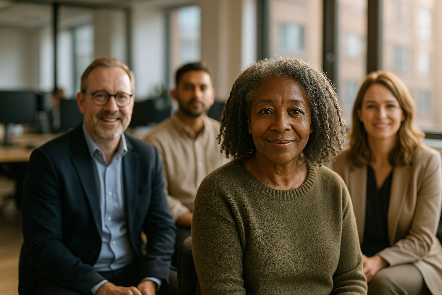 British professionals in a modern office discussing Kinship carer UK