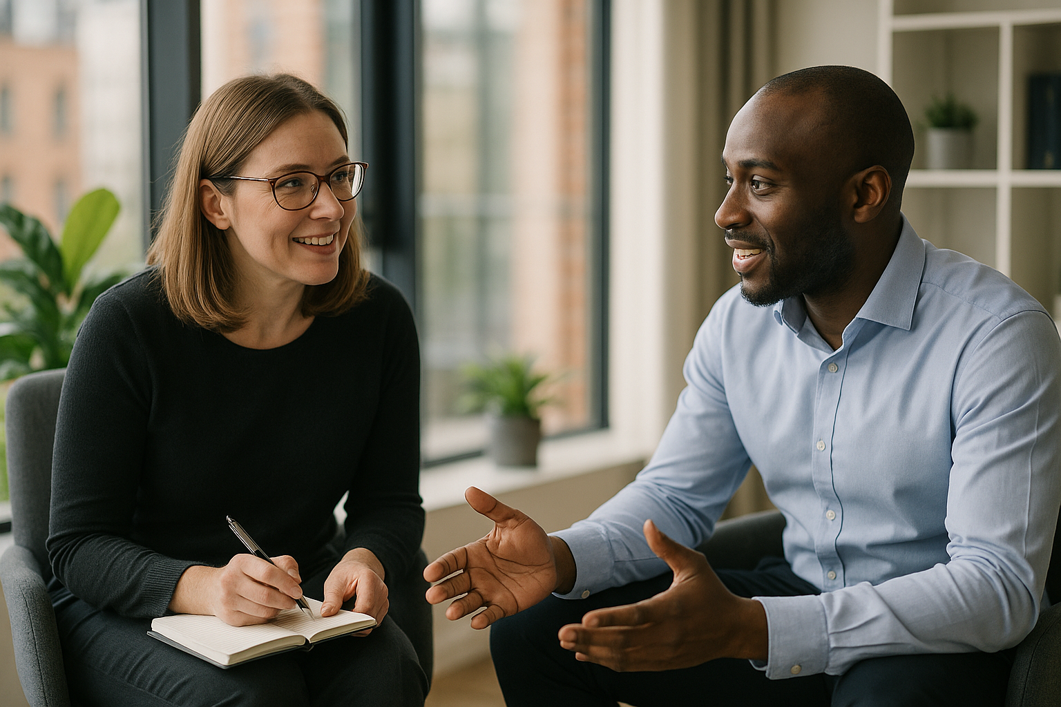 Two UK professionals discussing career next steps for Kinship carer UK