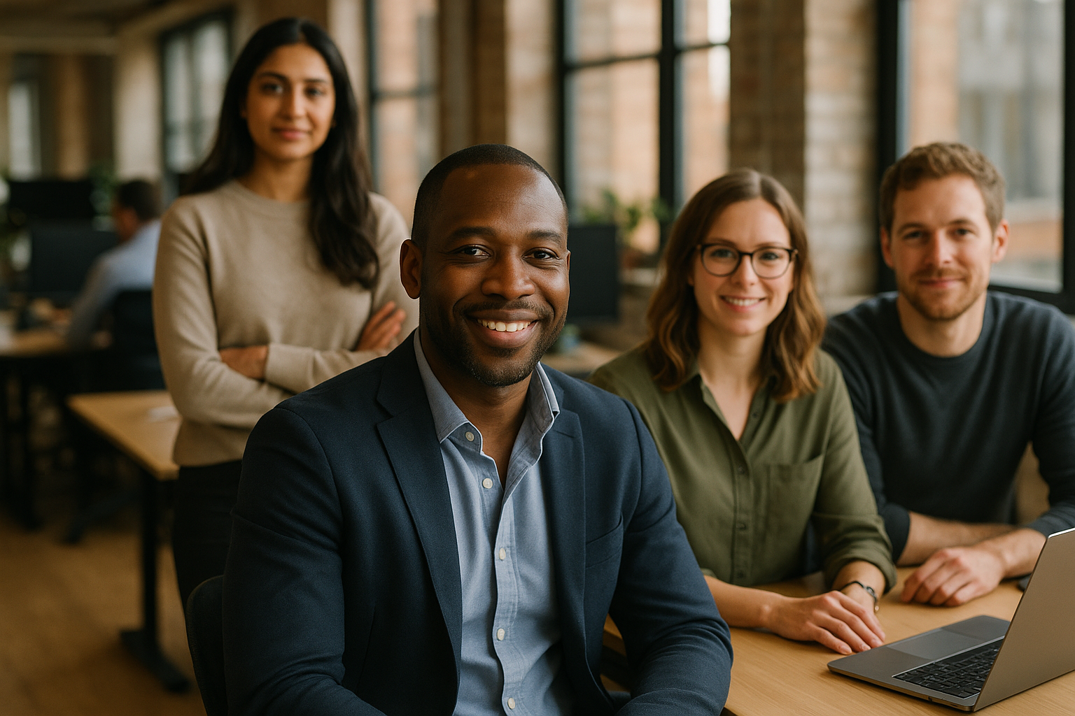 British professionals in a modern office discussing scale up executive UK