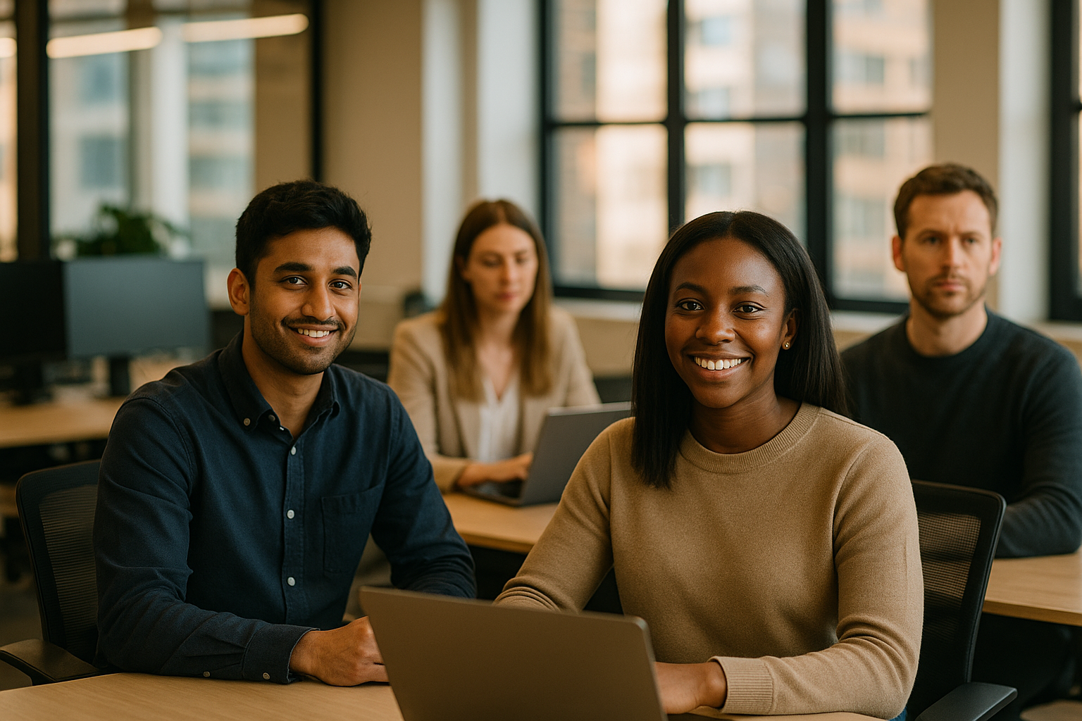 British professionals in a modern office discussing off cycle internship UK