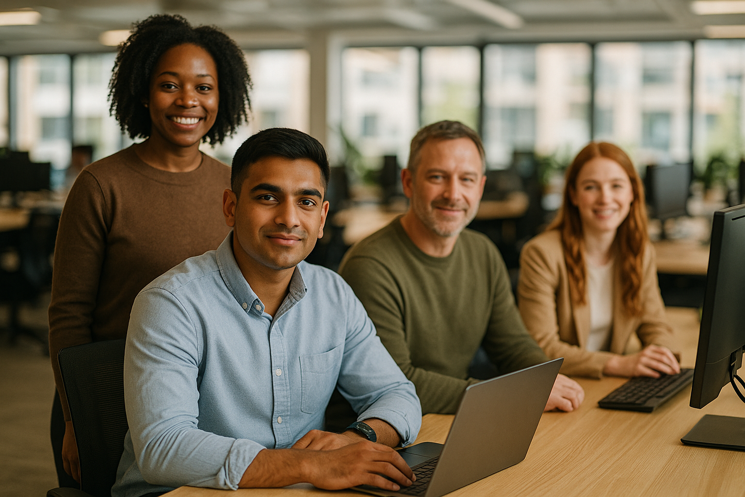 British professionals in a modern office discussing apprenticeship UK