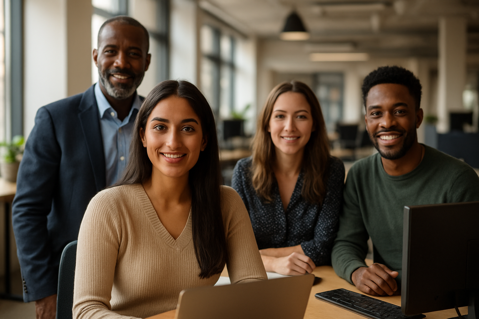 British professionals in a modern office discussing graduate conversion course UK