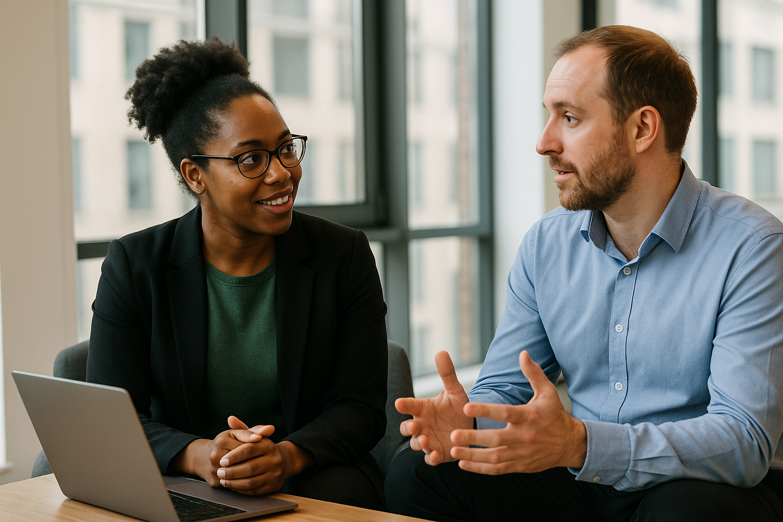 Two UK professionals discussing career next steps for graduate conversion course UK