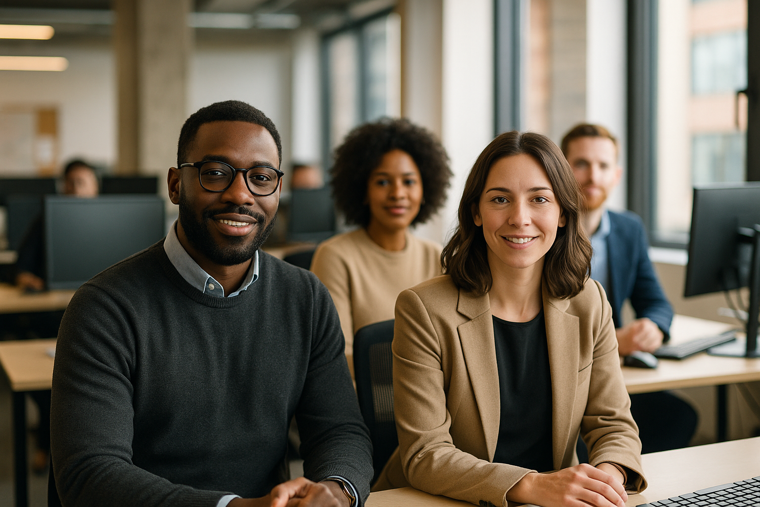 British professionals in a modern office discussing Moving from USA to UK