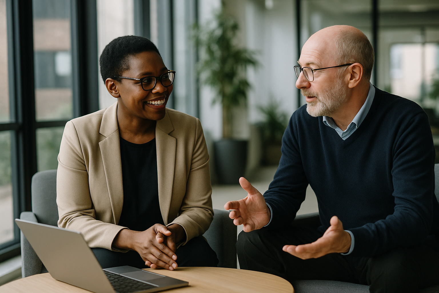 Two UK professionals discussing career next steps for Moving from USA to UK