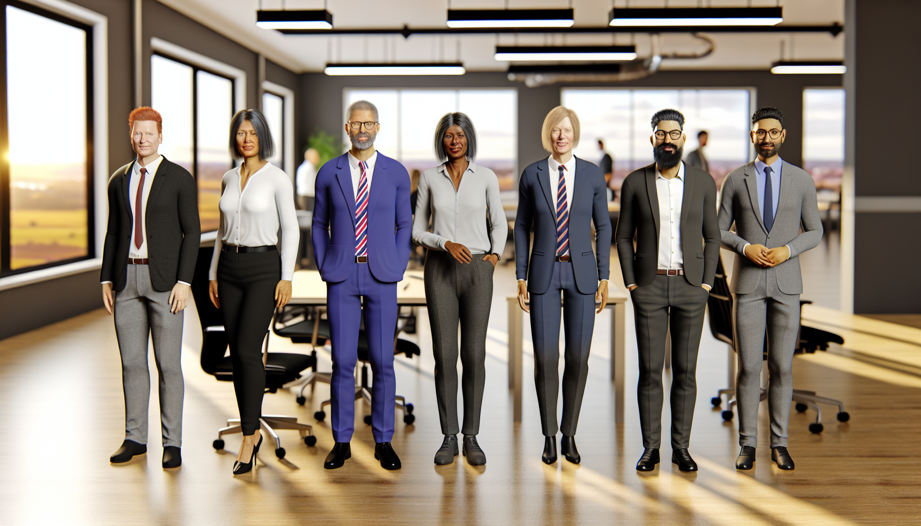 Diverse British professionals in a modern open-plan office setting