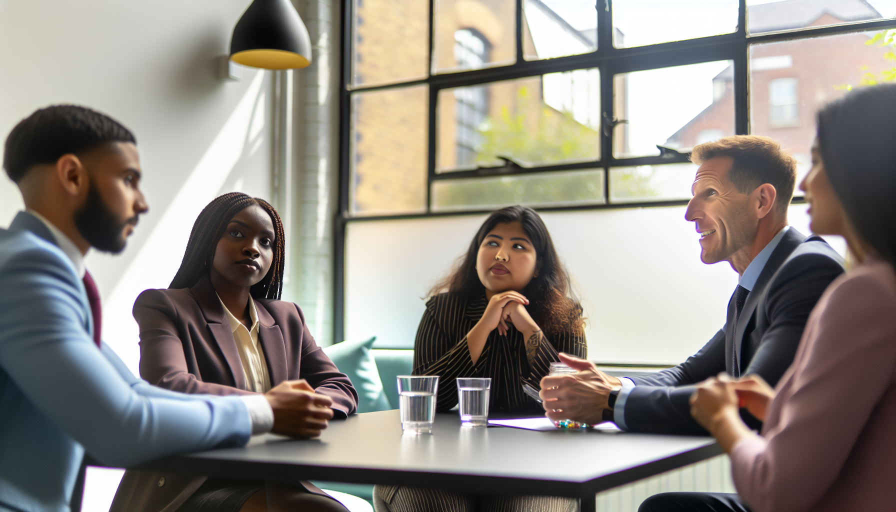 Team meeting with diverse professionals in a UK office
