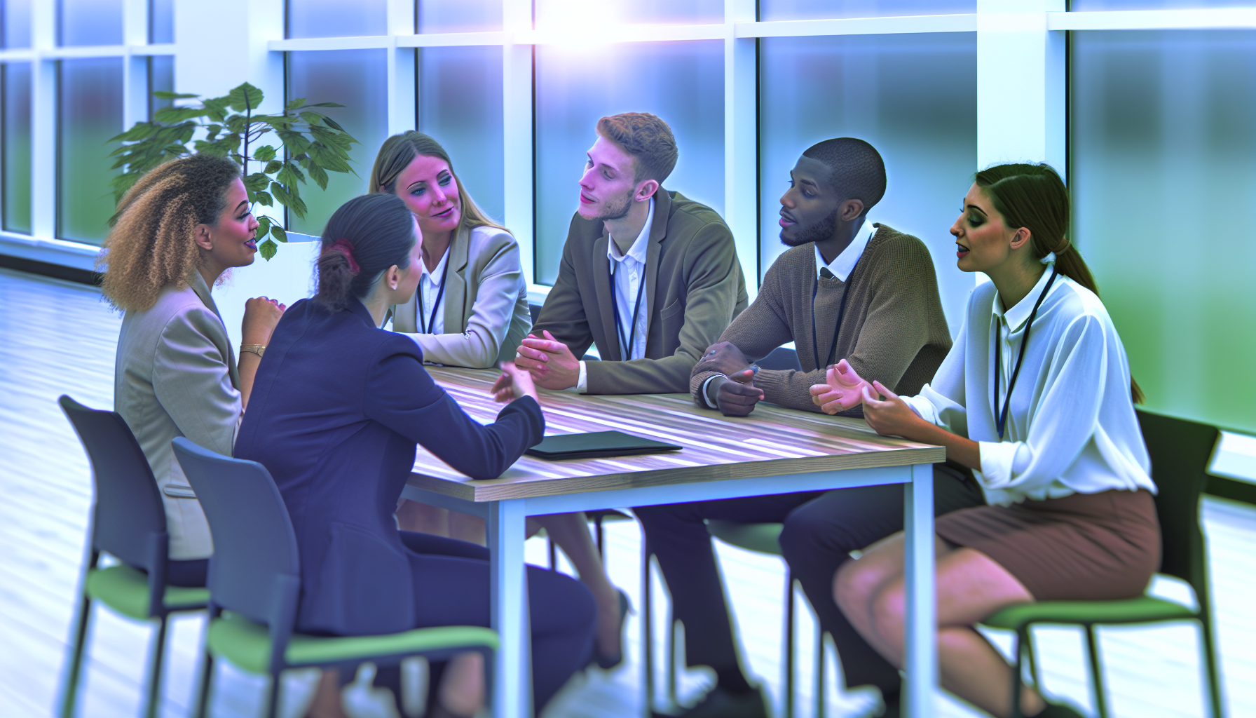 Collaborative discussion among UK professionals in bright office