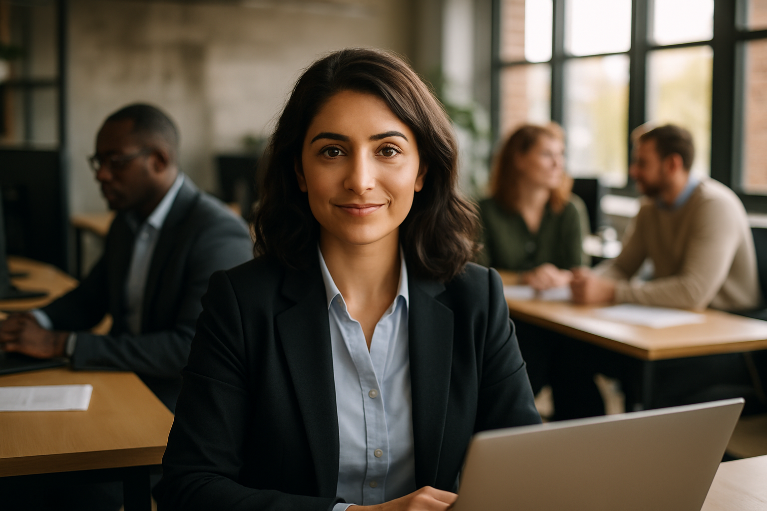 British professionals in a modern office discussing personal injury lawyer UK