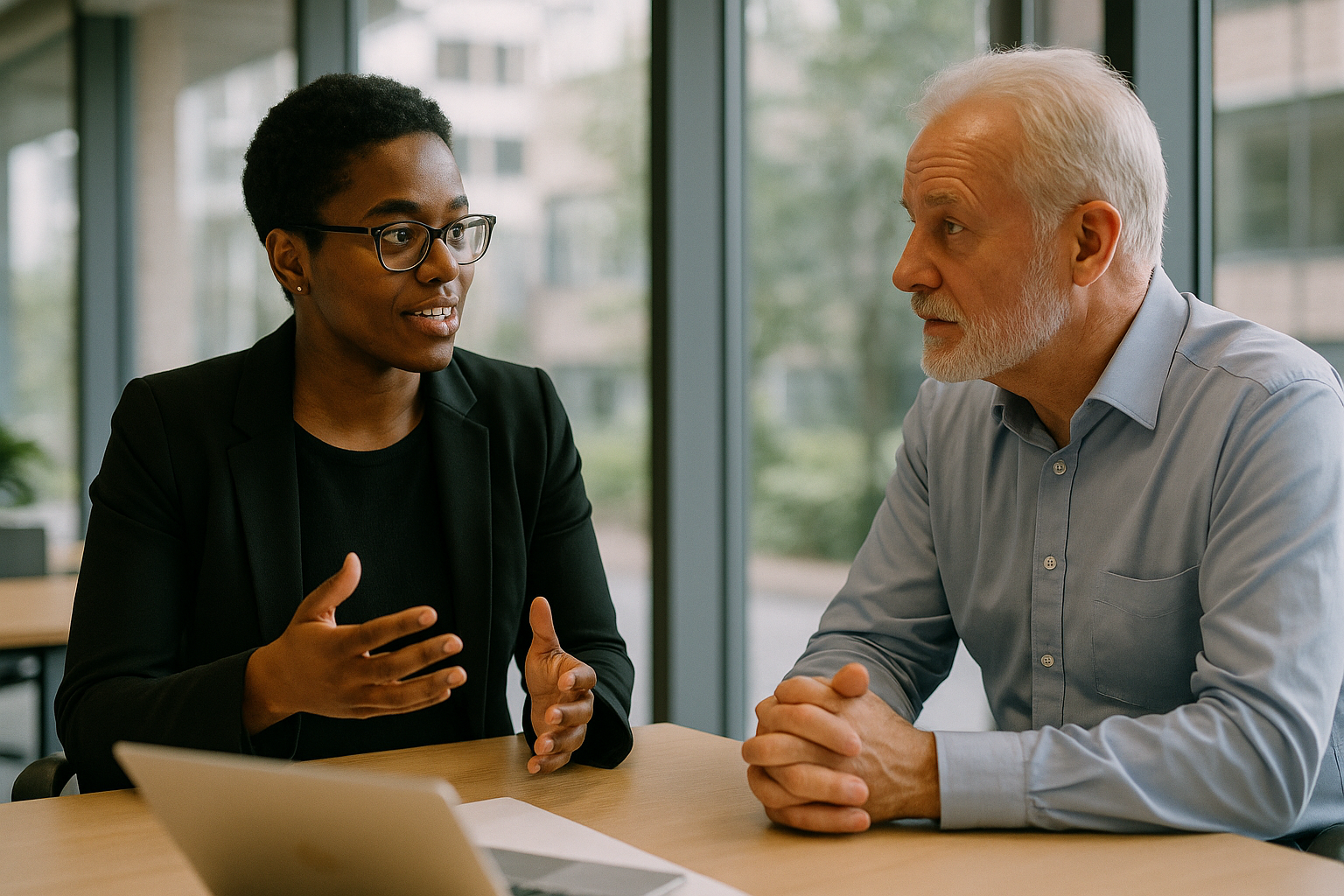 Two UK professionals discussing career next steps for personal injury lawyer UK