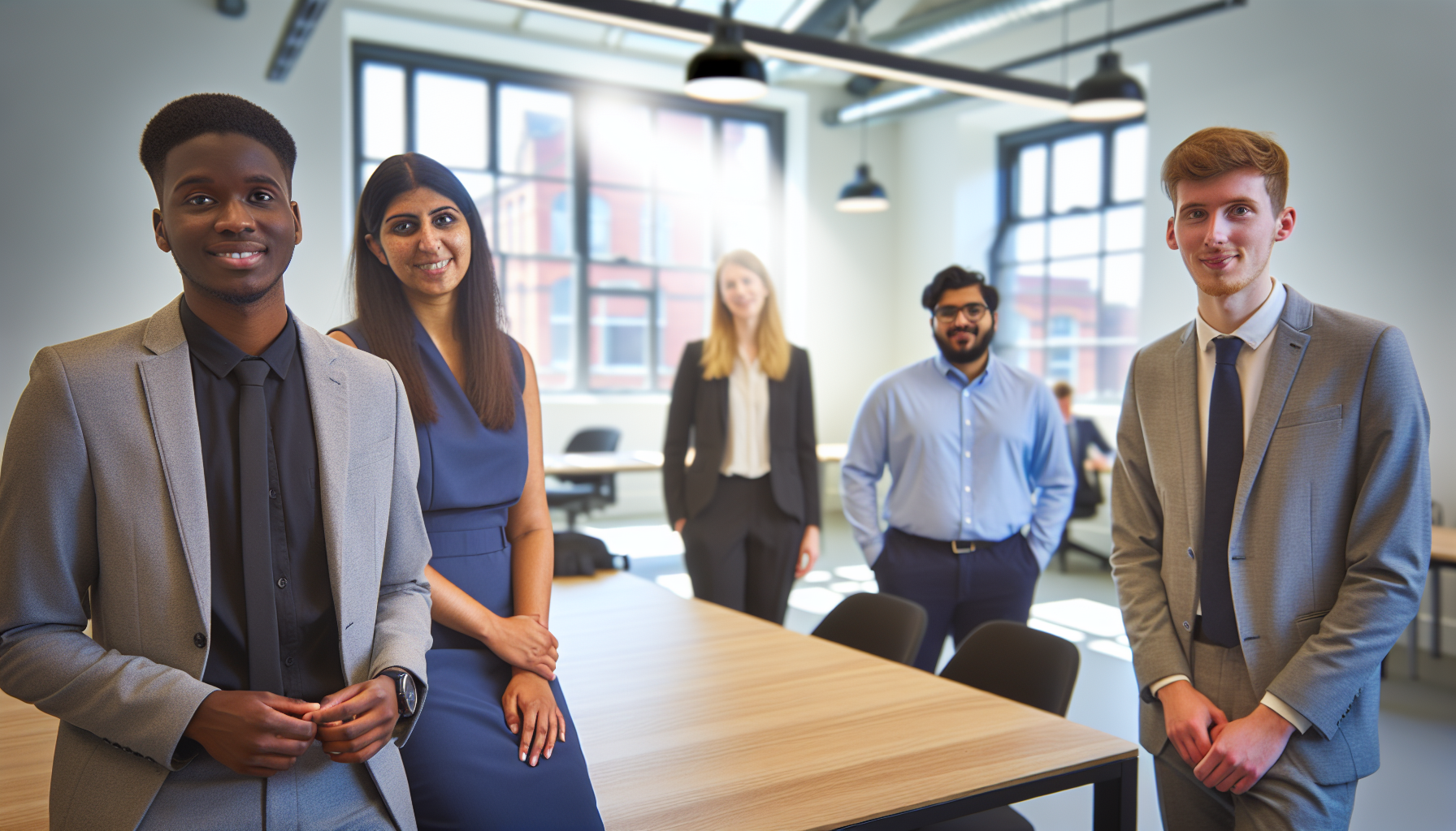 Diverse UK office workers discussing holiday policies.
