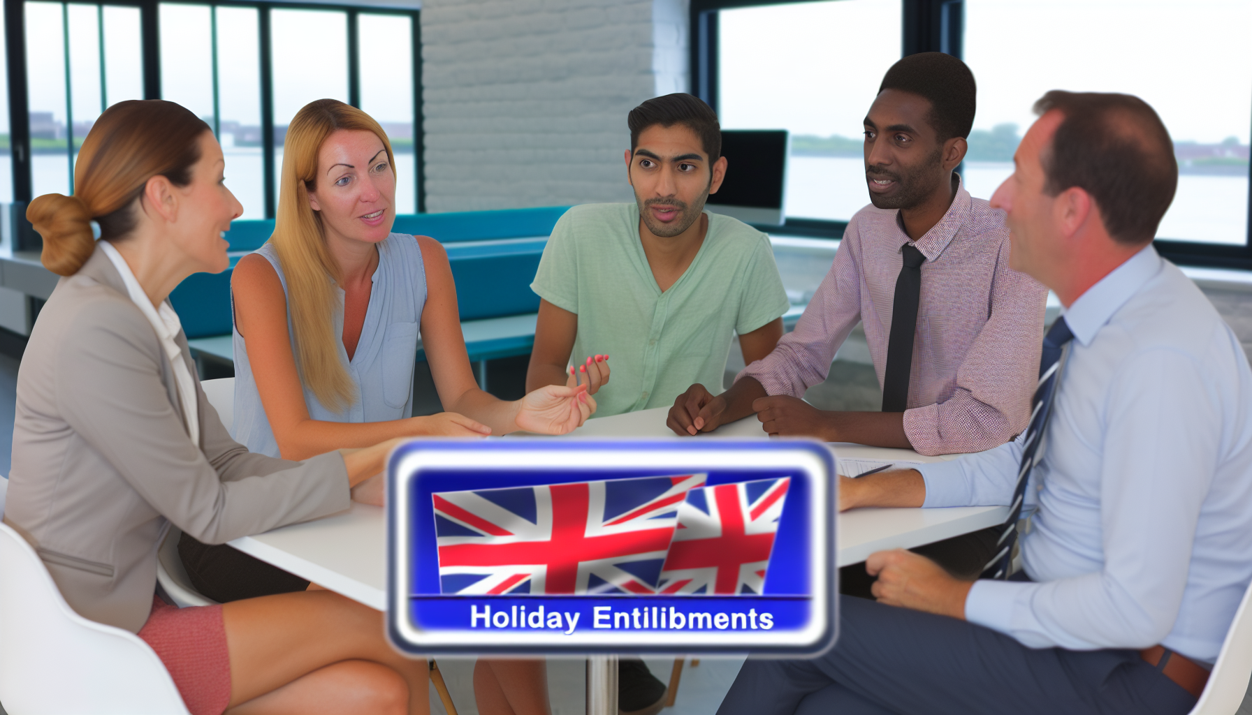 UK colleagues chatting about holiday plans in the office.