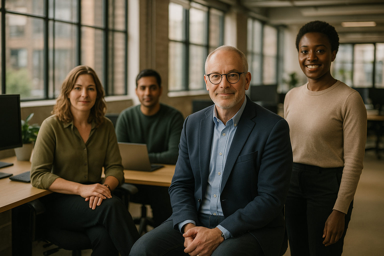 British professionals in a modern office discussing Chairperson UK