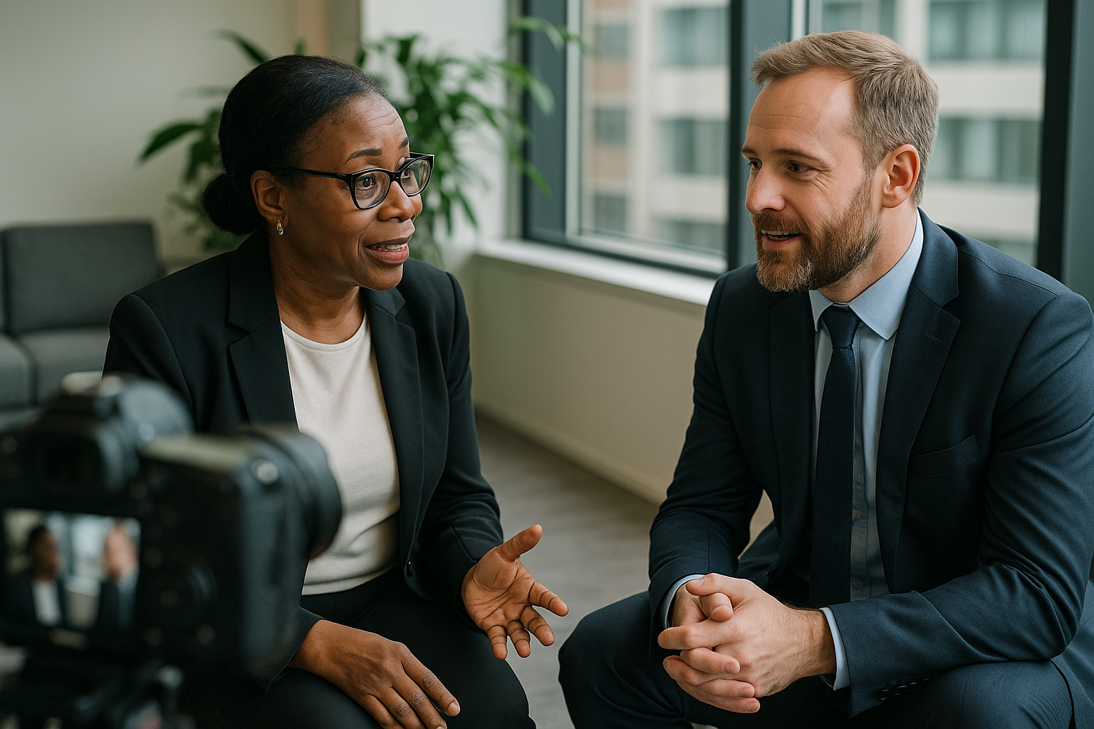 Two UK professionals discussing career next steps for Detective UK