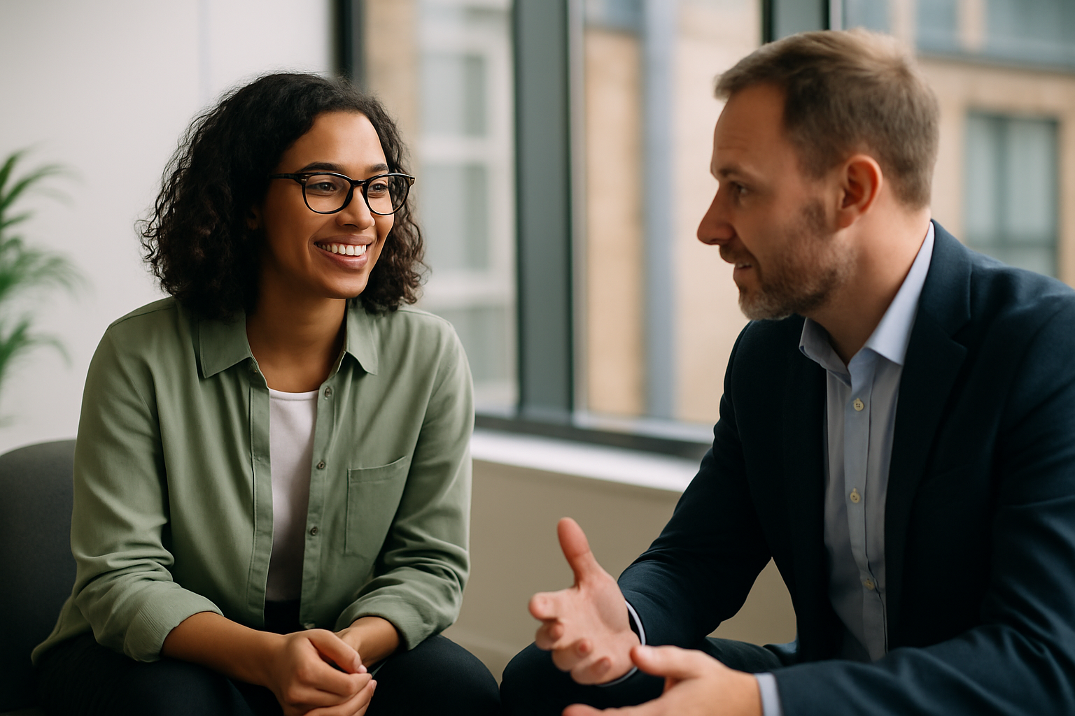 Two UK professionals discussing career next steps for Neuroscientist UK