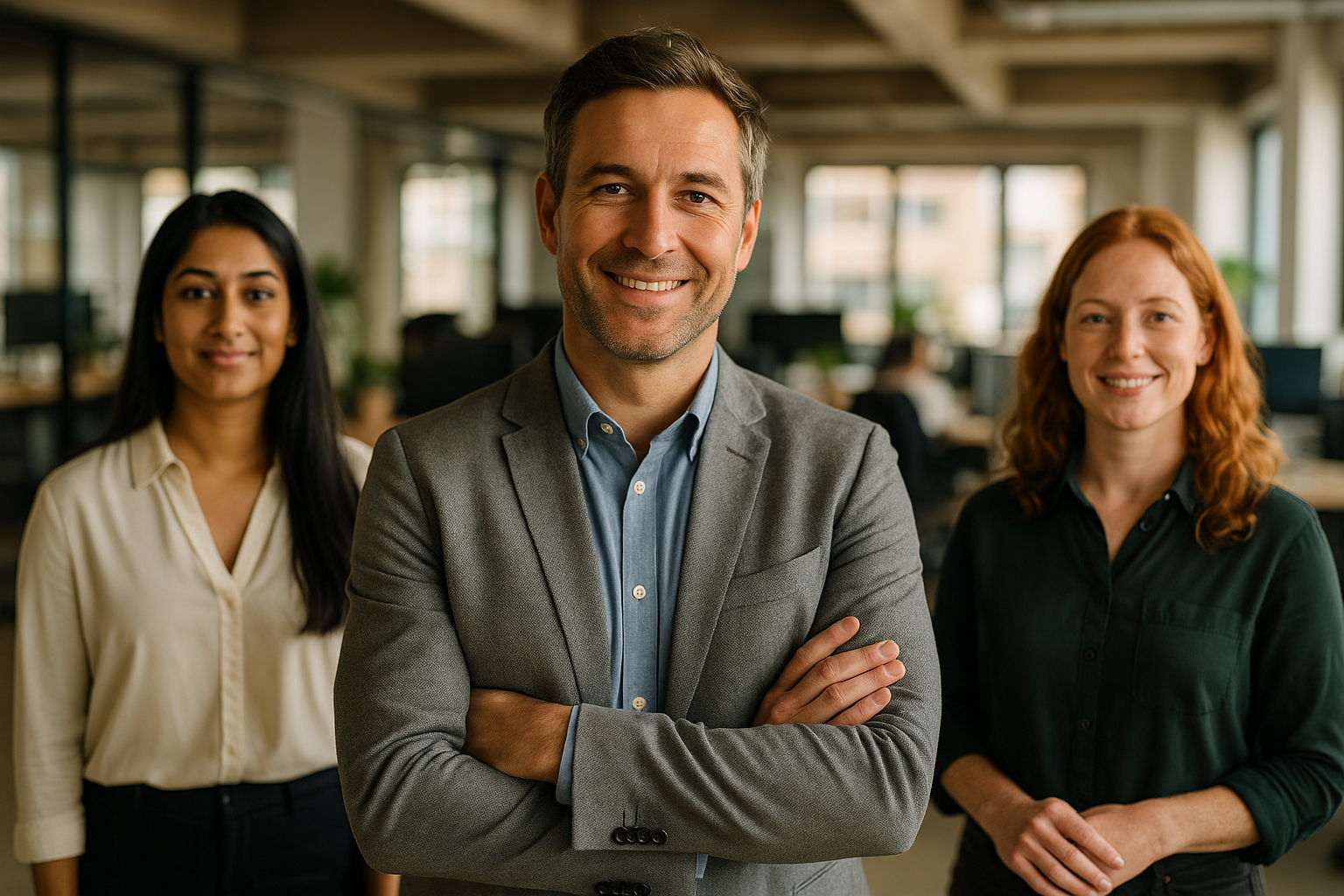 British professionals in a modern office discussing property developer UK