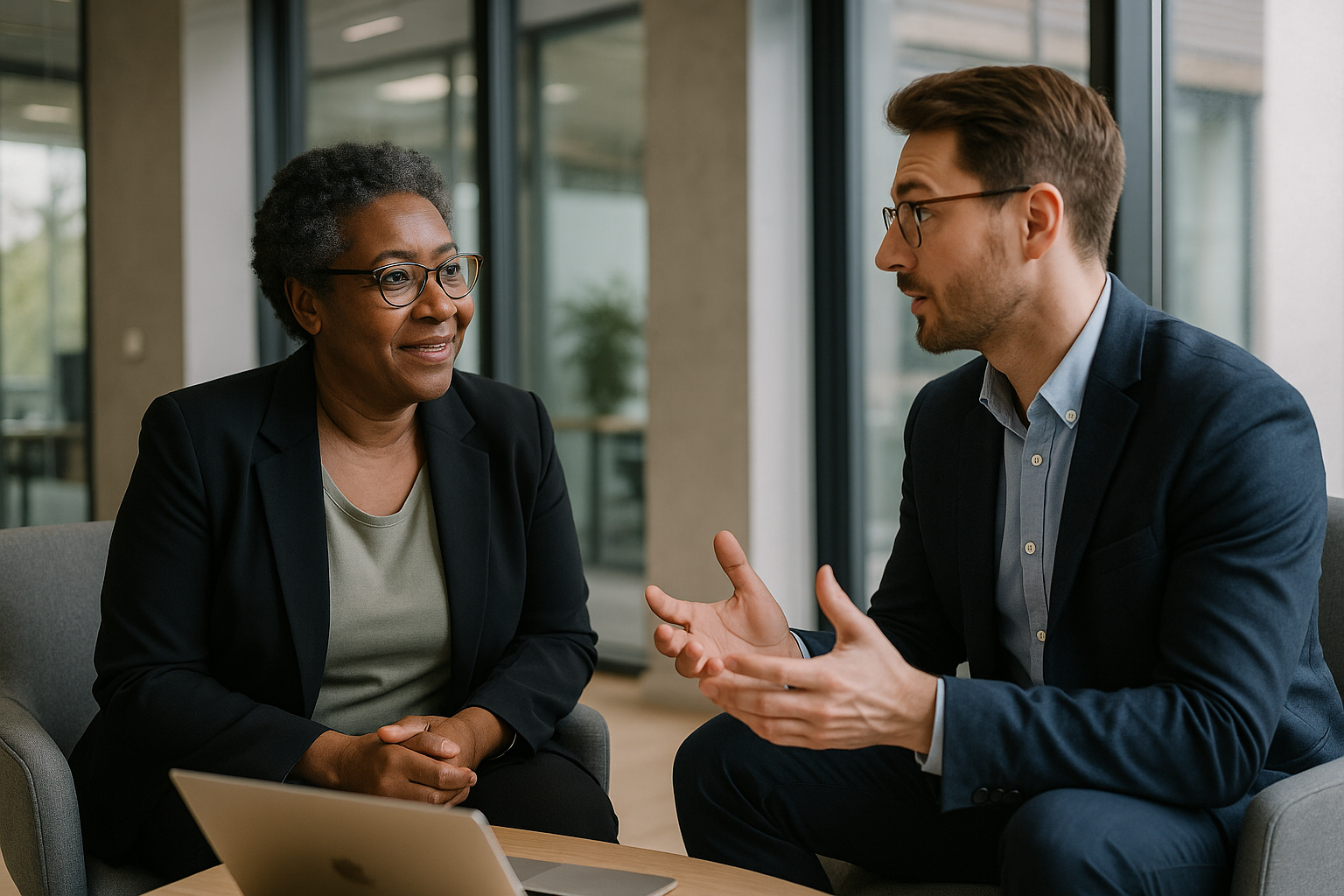 Two UK professionals discussing career next steps for property developer UK