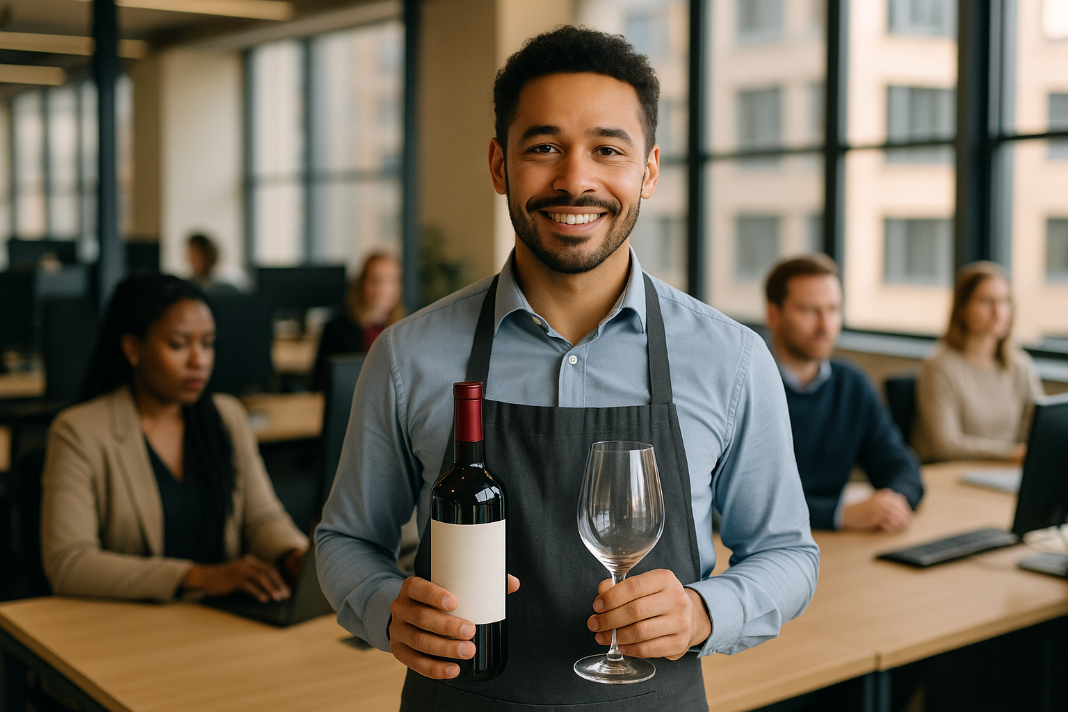 British professionals in a modern office discussing Sommelier UK