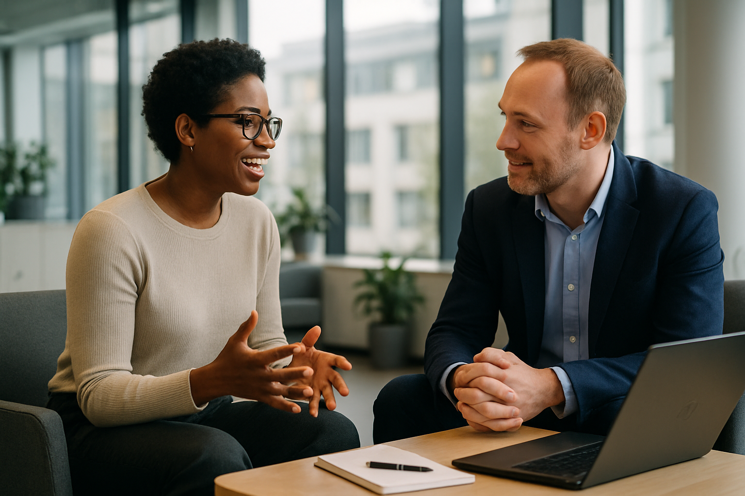 Two UK professionals discussing career next steps for Statistician UK