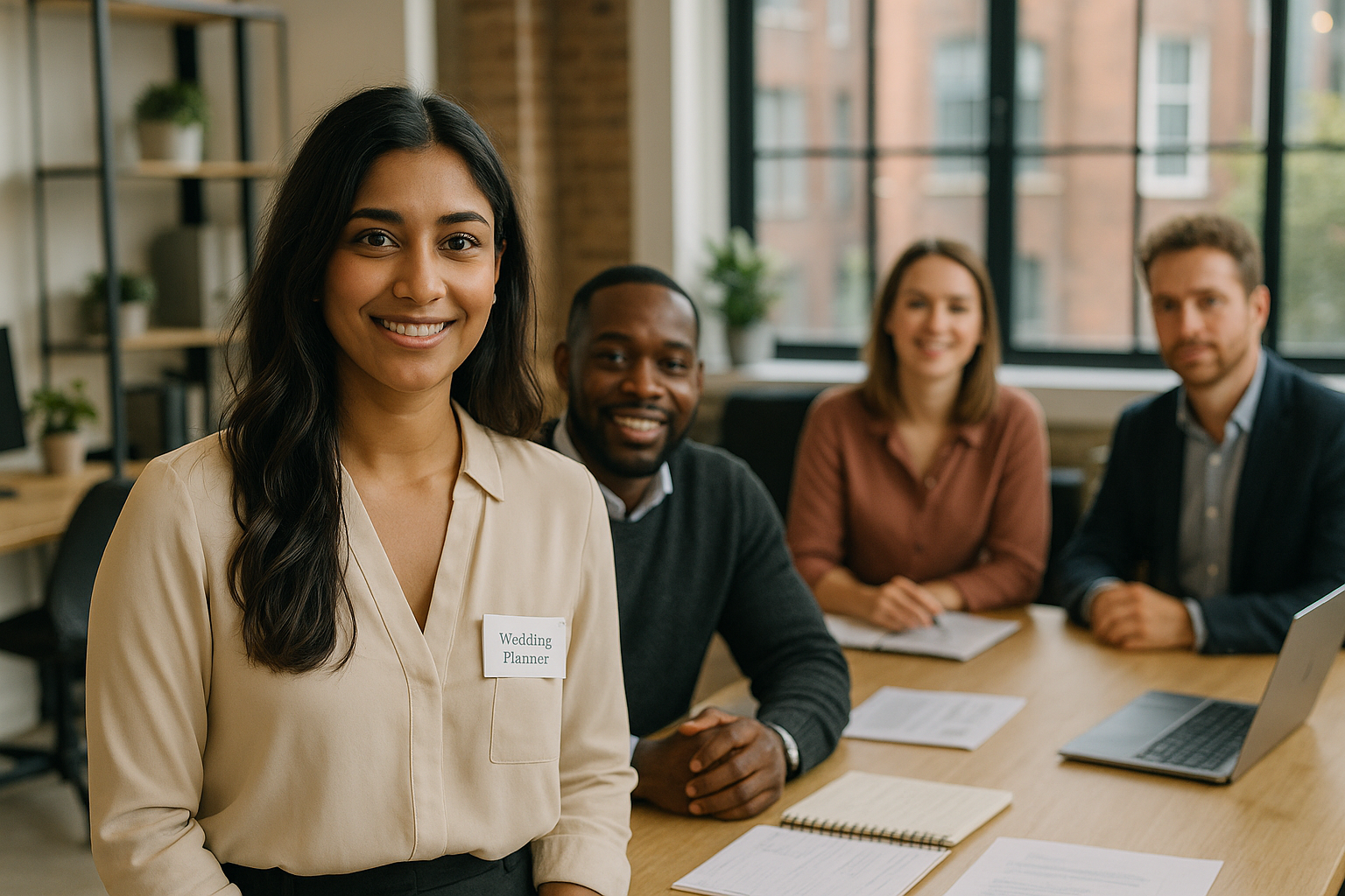 British professionals in a modern office discussing wedding planner UK