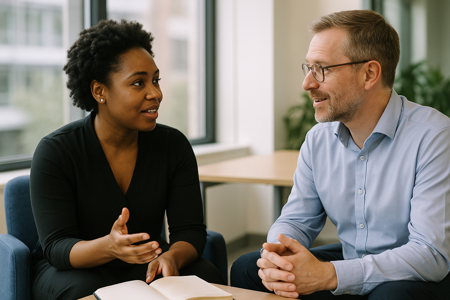 Two UK professionals discussing career next steps for wedding planner UK