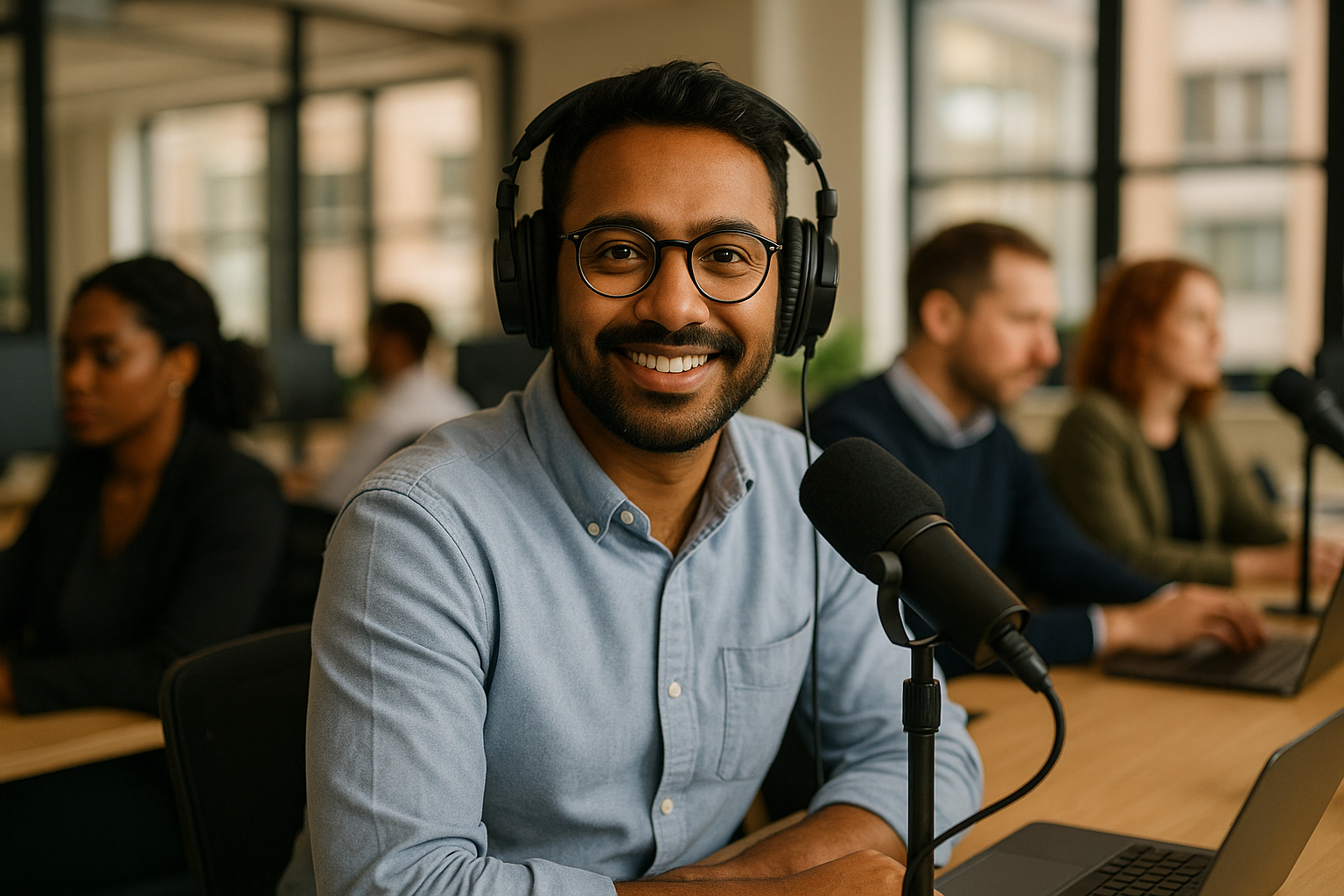 British professionals in a modern office discussing podcast producer UK