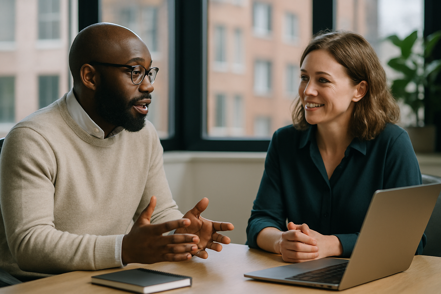 Two UK professionals discussing career next steps for podcast producer UK